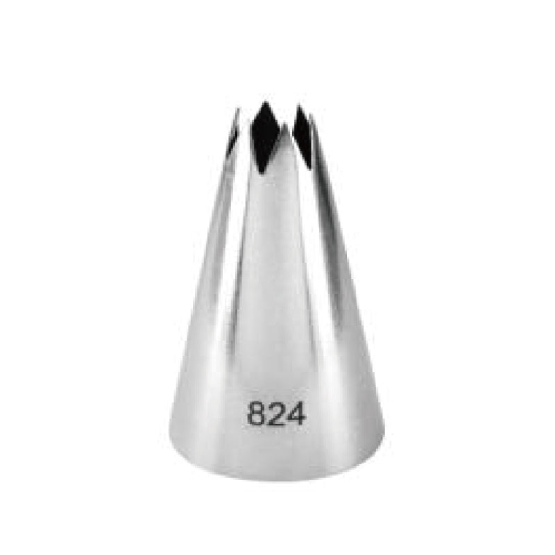 A metallic piping nozzle with a conical shape, featuring a fluted tip with five pointed openings at the top. The number &quot;824&quot; is engraved on the side of the nozzle. The background is plain and white, highlighting the nozzle&