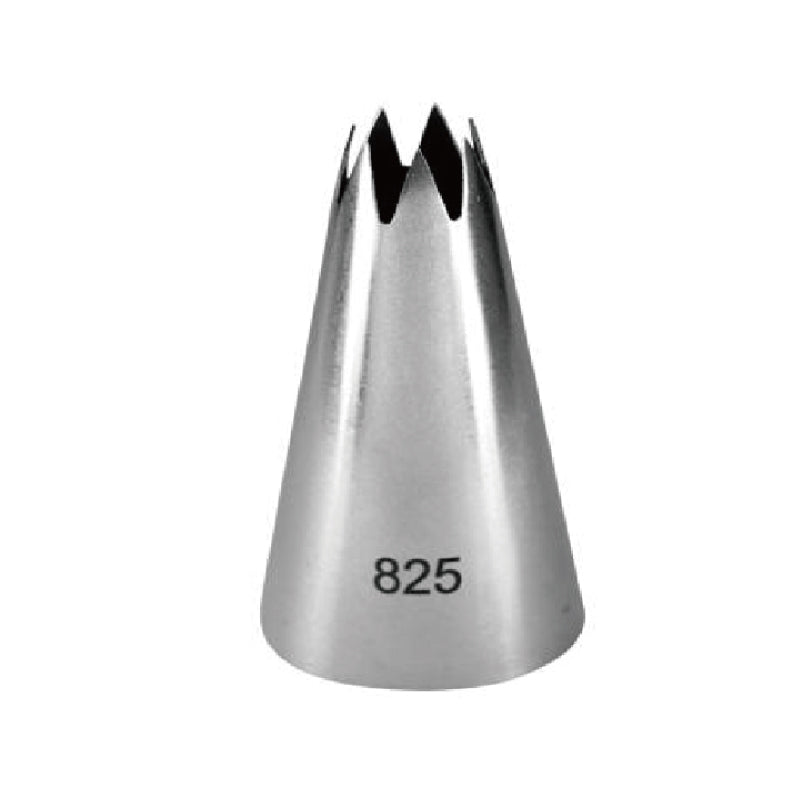 A metallic piping nozzle with a conical shape, featuring a star-shaped opening at the top and the number &quot;825&quot; printed on its side.