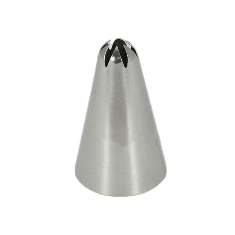 A stainless steel piping nozzle with a tapered cone shape, featuring a pointed tip with a star-shaped opening at the top.