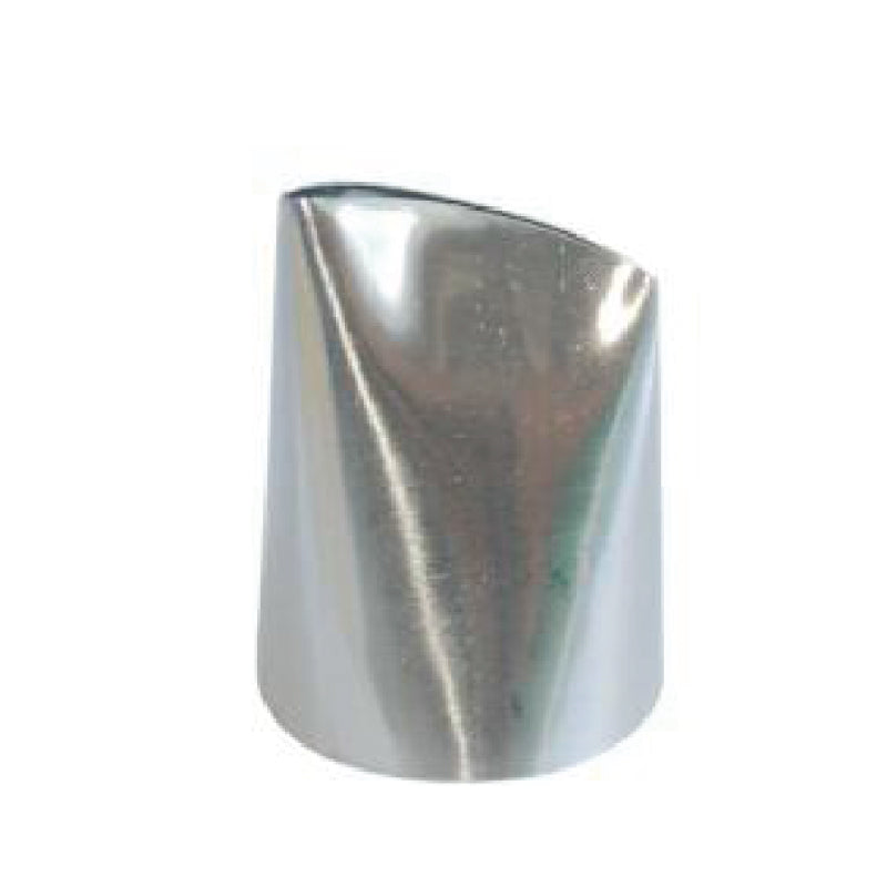 A stainless steel piping nozzle with a slanted opening at the top. The nozzle has a shiny, smooth surface and a conical shape, tapering down to a wider base. It is designed for decorating cakes and pastries.