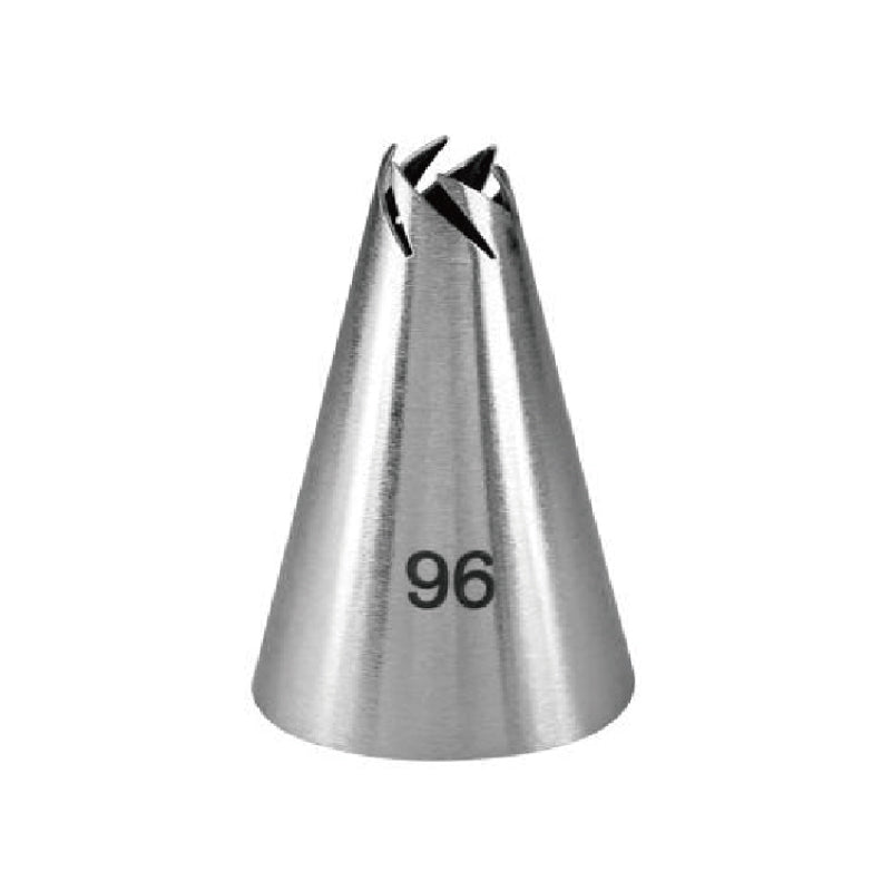 A stainless steel piping nozzle labeled &quot;96&quot;. The nozzle has a conical shape with a pointed tip and multiple star-shaped openings at the top.