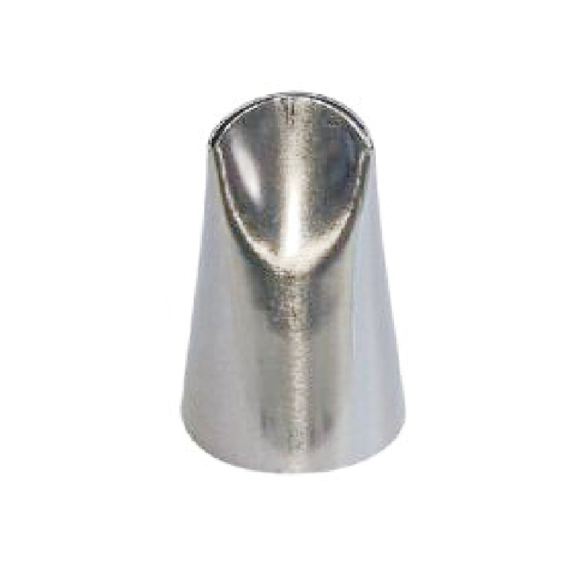 A metal piping nozzle with a conical shape, featuring a rounded opening at the top and a wider base. The nozzle has a shiny, reflective surface and is designed for decorating cakes and pastries.