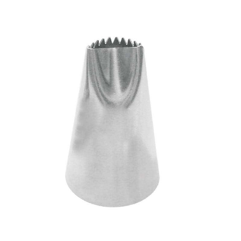 A stainless steel piping nozzle, shaped like a cone, with a fluted opening at the top. The nozzle has a shiny surface and is used for decorating cakes and baked goods.