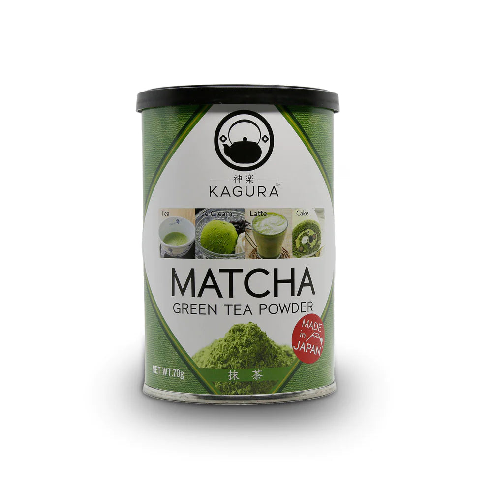 A can of Kagura Matcha Powder, labeled &quot;Made in Japan.&quot; The packaging features images of various uses for the matcha powder, including tea, ice cream, latte, and cake. The label prominently displays the text &quot;Matcha Green Tea Powder&quot; and includes Japanese characters. The net weight of the can is 70 grams.