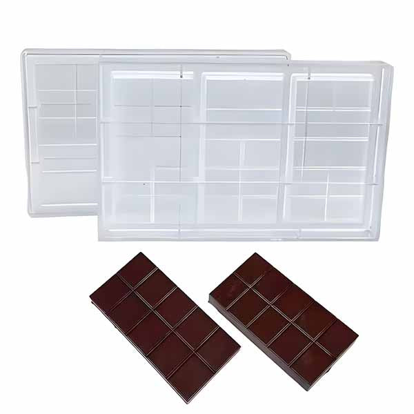 Two clear polycarbonate chocolate molds are shown on top, with two dark brown chocolate bars displayed below. The molds feature multiple rectangular sections for shaping chocolate, while the chocolate bars mimic the mold&