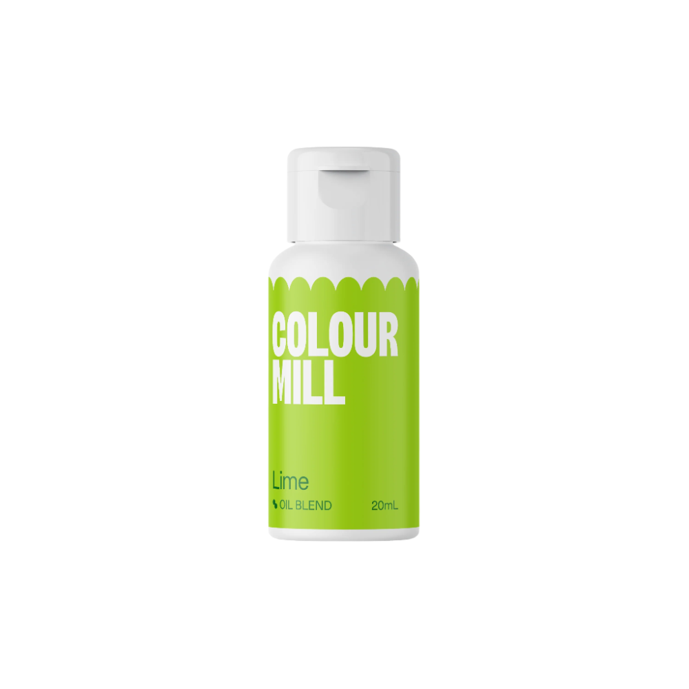 A bottle of Colour Mill oil-based food color in lime, 20ml. The bottle has a bright green color with white text. The label features the words "COLOUR MILL" prominently, along with "Lime" and "20mL" at the bottom. The bottle has a white lid and a design that includes a scalloped edge at the top. The overall appearance is sleek and modern, emphasizing the vibrant lime color.