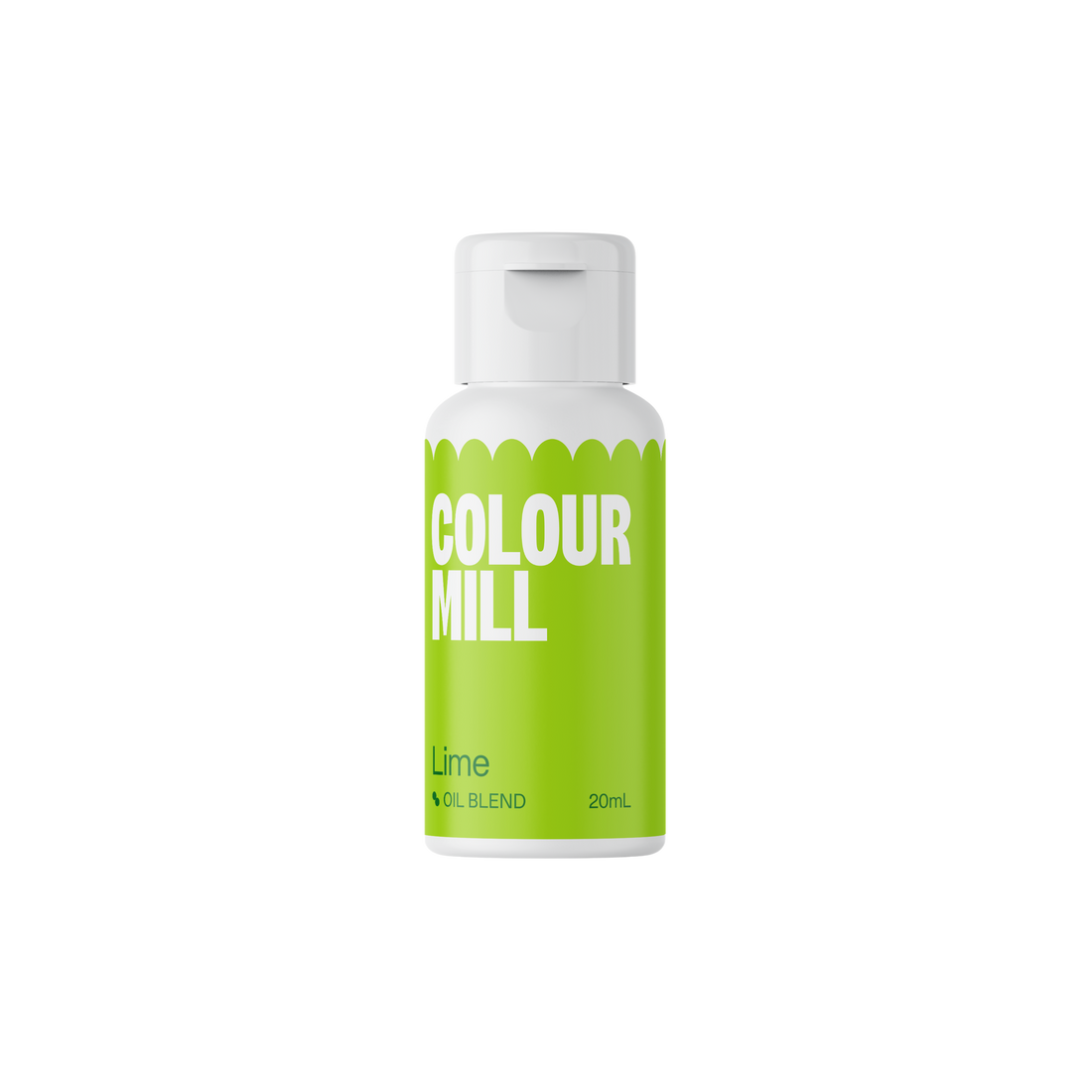 A bottle of Colour Mill oil-based food color in lime, 20ml. The bottle has a bright green color with white text. The label features the words &quot;COLOUR MILL&quot; prominently, along with &quot;Lime&quot; and &quot;20mL&quot; at the bottom. The bottle has a white lid and a design that includes a scalloped edge at the top. The overall appearance is sleek and modern, emphasizing the vibrant lime color.