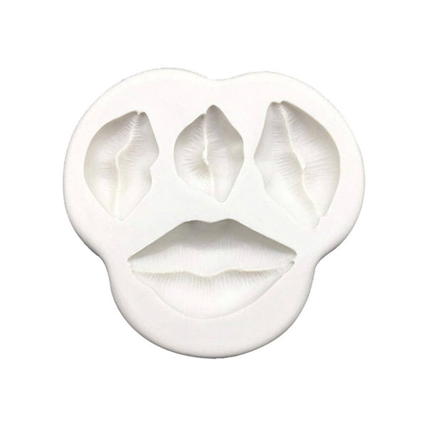 A white silicone mold featuring five lip shapes in various sizes and styles, including one larger central pair of lips and four smaller lip impressions positioned around it. The mold has a rounded, irregular shape, emphasizing the lip designs.
