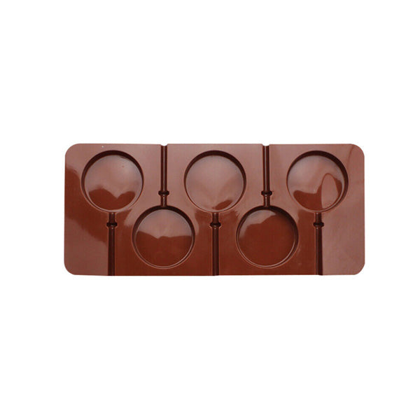 Image of a lollipop silicone mold featuring four circular cavities for lollipops, each with an integrated stick holder. The mold is brown in color and is designed for easy removal of the finished lollipops.