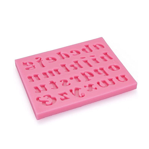 A pink silicone mould displaying lowercase alphabet letters arranged in rows. The mould features a variety of letter shapes, all in a raised design suitable for baking or crafting. The letters are clearly identifiable, with a smooth and flexible surface.