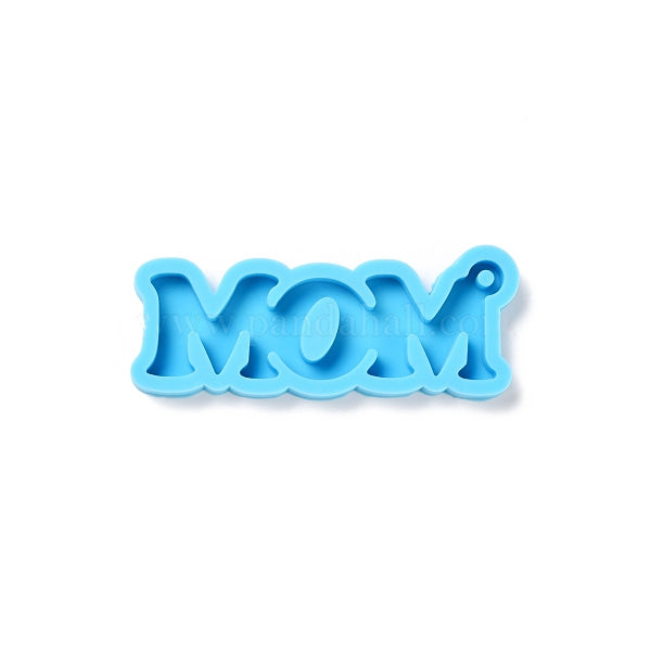 An image of a blue silicone mould shaped like the word "MOM." The mould features a playful font, with rounded edges and a small hole in the upper right corner, designed for crafting or baking purposes.
