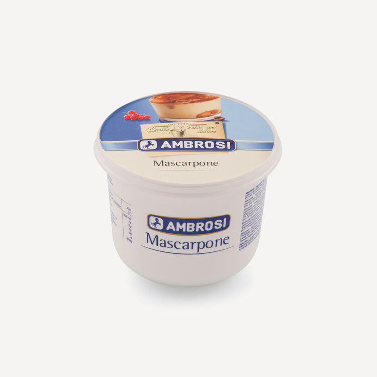 Ambrosi Mascarpone cheese container with a blue and white design. The lid features an image of a dessert, possibly tiramisu, indicating a serving suggestion.