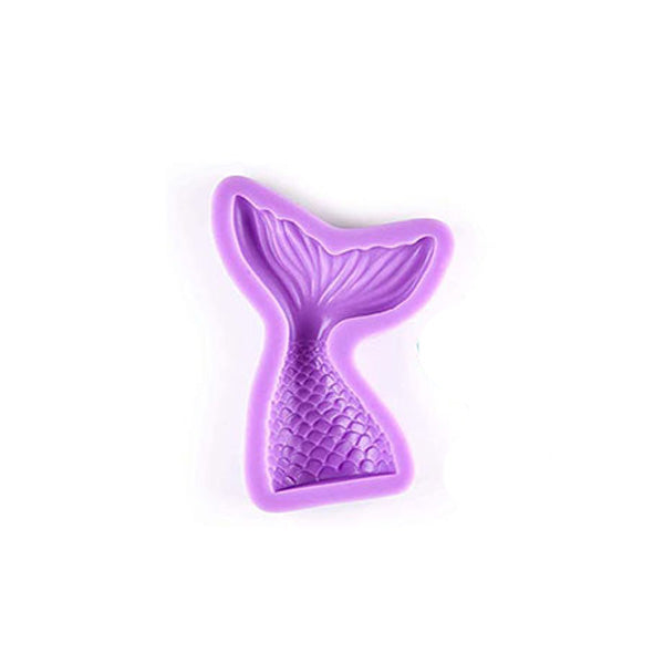 A purple silicone mould shaped like a mermaid tail, featuring detailed textures including scales and a flowing fin. The mould is displayed on a white background.