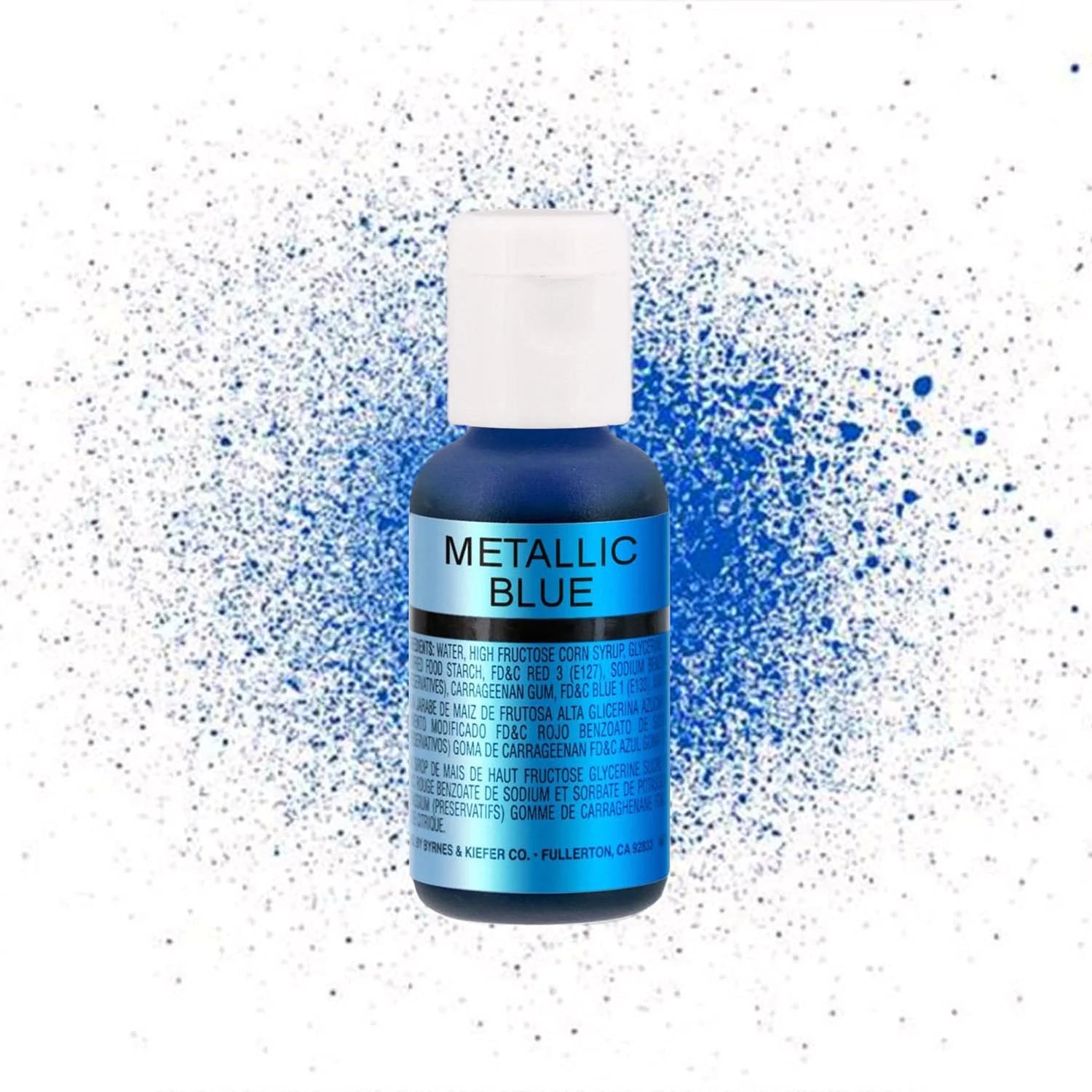 A bottle of Chefmaster Airbrush Colors in metallic blue, 20g. The bottle features a white cap and a label that includes the product name &quot;METALLIC BLUE&quot; in bold text. In the background, there are splashes of blue, creating a vibrant and artistic effect. The label contains ingredient information in English and Spanish.