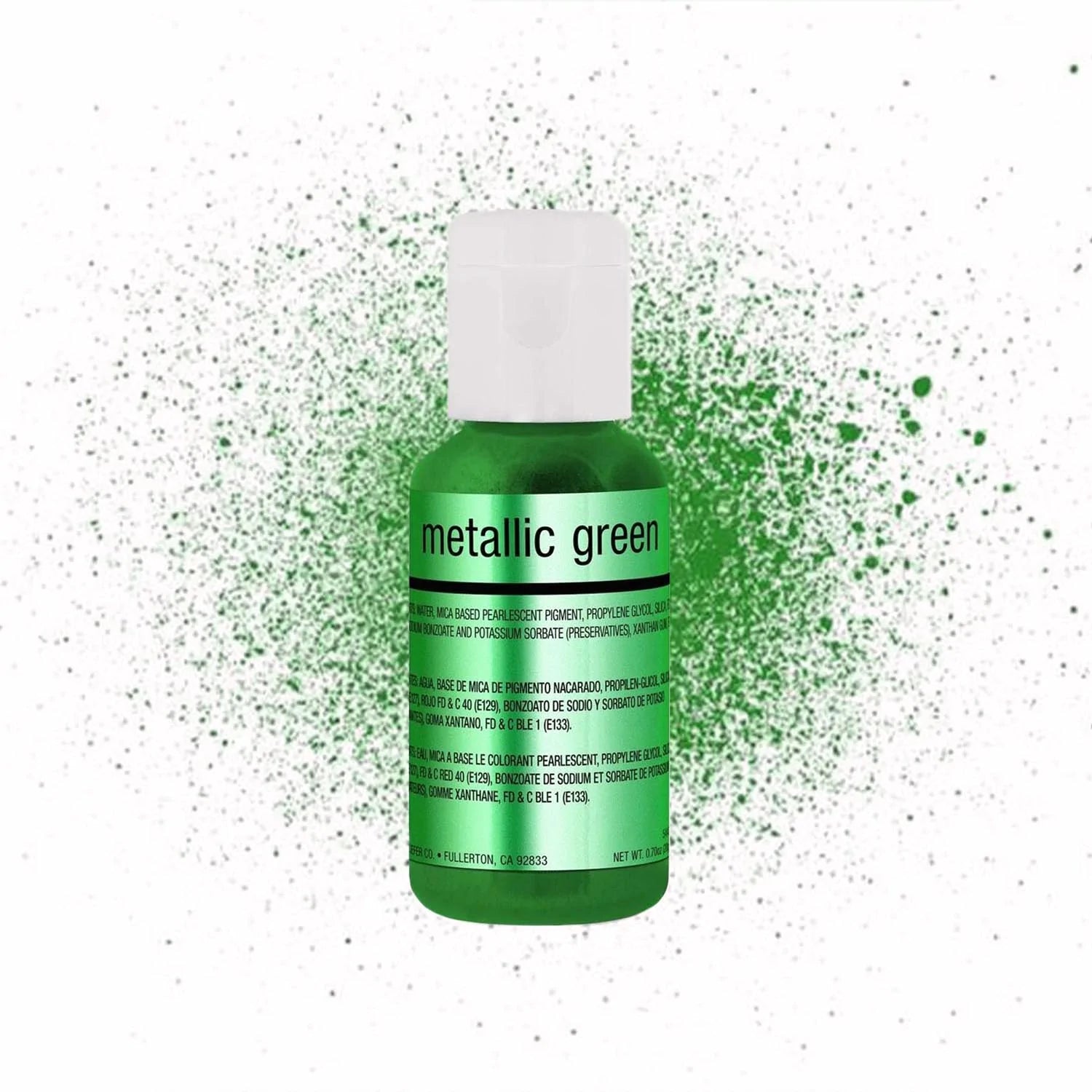 A green bottle of Chefmaster metallic green airbrush color is prominently displayed against a background of green splatter. The bottle&