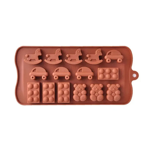 A silicone mould in a reddish-brown color featuring various baby toy shapes. The mould includes four rocking horses, three cars, two rectangular blocks with three circular shapes each, and three teddy bear figures, all designed for creating baby toys.