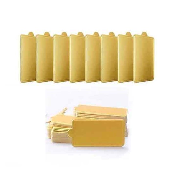 A set of miniature rectangular cake boards in gold color. The image displays multiple gold cake boards arranged vertically, showcasing their rectangular shape and size. The boards are shown against a white background, emphasizing their shiny finish.