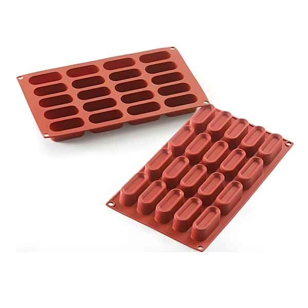 Two red silicone molds designed for making mini mousses. One mold is positioned on top of the other, both featuring multiple oval-shaped cavities for creating individual desserts.