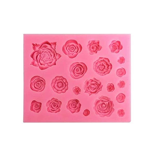 A rectangular pink silicone mold featuring multiple designs of roses in various sizes and shapes. The mold includes larger, intricately detailed roses as well as several smaller, simpler rose designs, all arranged evenly across the surface. The silicone material is flexible, allowing for easy removal of moldings.