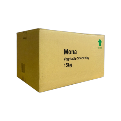 A large cardboard box labeled "Mona Vegetable Shortening 15kg" sits against a black background. There&