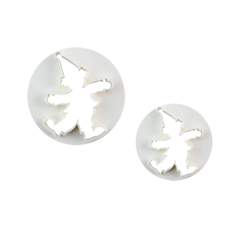A set of two plunger cutters in the shape of clowns. One cutter is larger and the other is smaller, both featuring a clown design with a pointed hat and arms outstretched. The cutters are round and white, with the clown shapes cut out in the center.