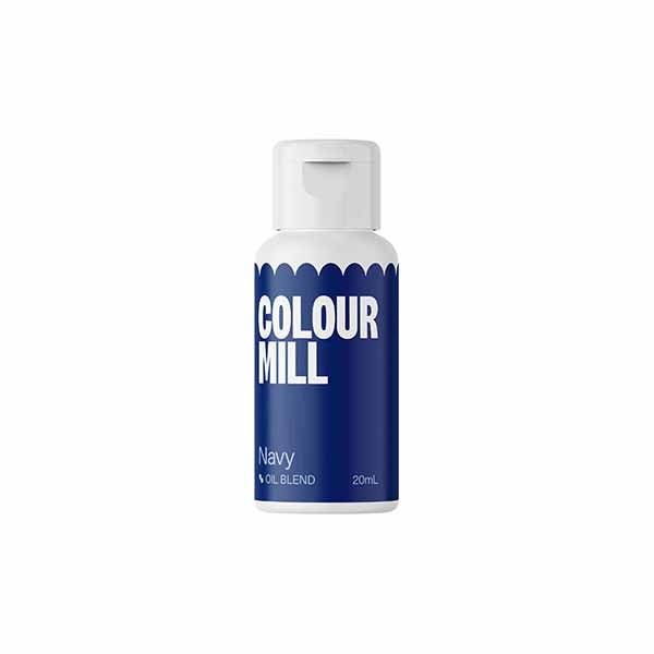 Bottle of Colour Mill oil-based food coloring in Navy blue. The label is bold with a white and blue design, featuring the brand name in large white letters and the size listed as 20mL.