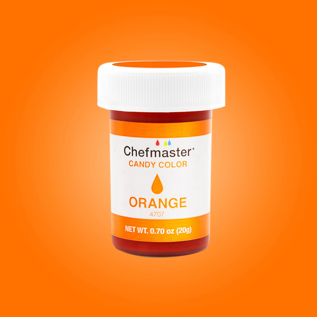 A jar of Chefmaster Candy Color in orange. The jar has a white lid and an orange and white label that reads &quot;Chefmaster Candy Color,&quot; &quot;ORANGE,&quot; and &quot;NET WT. 0.70 oz (20g).&quot; The background is a solid orange gradient.