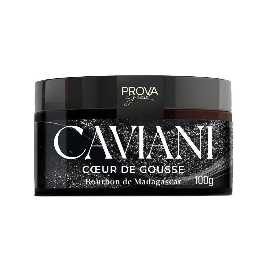 Caviani vanilla paste jar with black lid and label on a white background