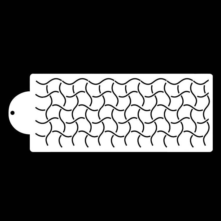 The image displays a white cake stencil featuring a pattern of curved, interlocking shapes arranged in rows. The stencil has a rectangular shape with a circular hole on one end for easy handling. The design consists of wavy lines that create an elegant, textured look suitable for cake decoration. The background is black, emphasizing the stencil&