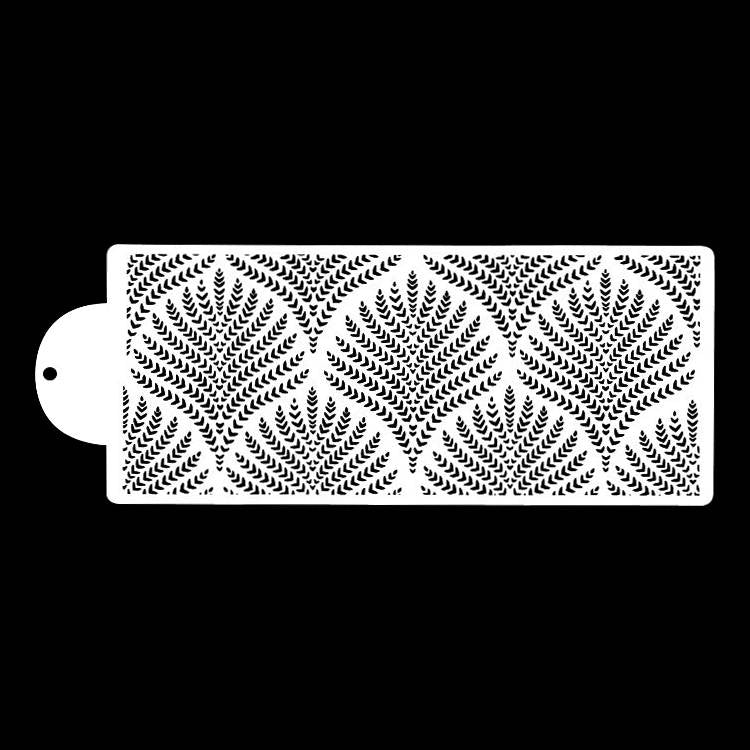 A white cake stencil featuring a pattern of overlapping leaf shapes arranged in a fan design. The stencil has a rounded corner with a small hole for easy handling, set against a black background.