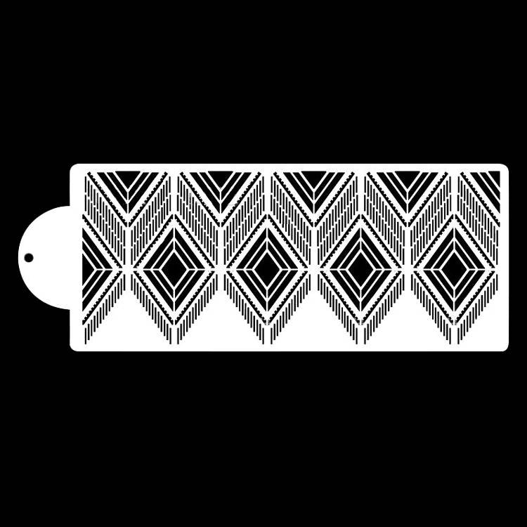 The image features a cake stencil design characterized by a repeating pattern of diamond shapes. The stencil is primarily white with intricate black details, including lines and chevron patterns surrounding the diamonds. One end of the stencil has a circular hole for easy handling. The background of the image is black, enhancing the visibility of the stencil&