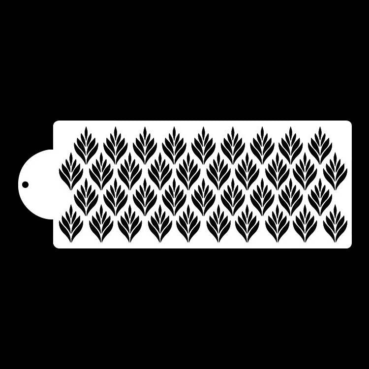 A cake stencil featuring a repeating pattern of black leaf motifs on a white background. The stencil has a rounded handle on the left side for easy handling. The design consists of alternating leaf shapes arranged in rows.