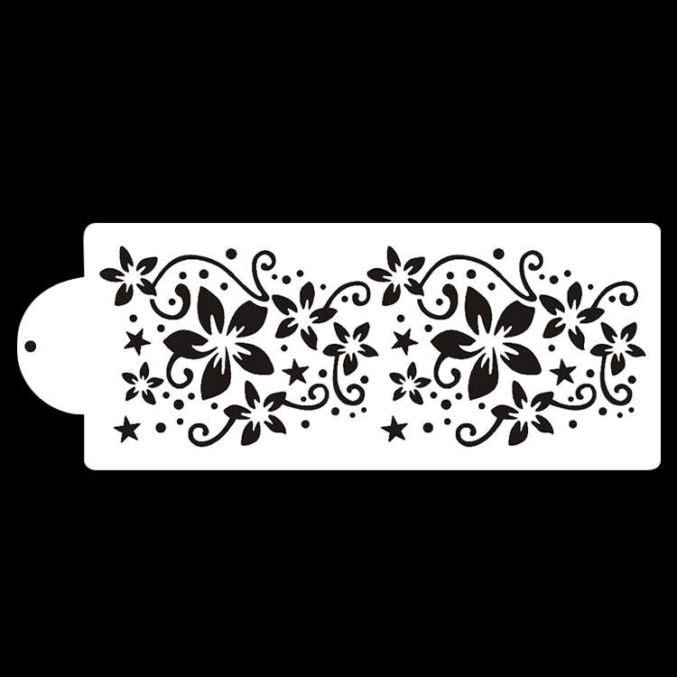 The image shows a white cake stencil featuring an intricate floral design. The stencil includes various flowers and swirls, adorned with small stars scattered throughout the pattern. The design is symmetrical and decorative, suitable for cake decorating purposes. The left side of the stencil is rounded for easy handling.