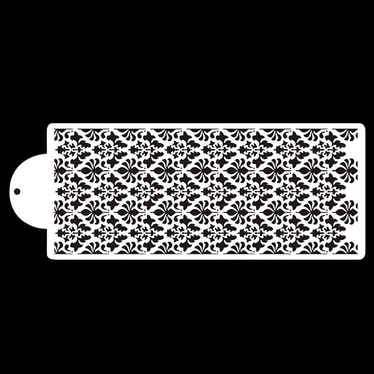 The image features a cake stencil with a repeating intricate black floral pattern on a white background. The stencil has a rounded edge on one side, designed for easy handling. The overall design is symmetrical and ornate, suitable for decorating cakes with a detailed pattern.