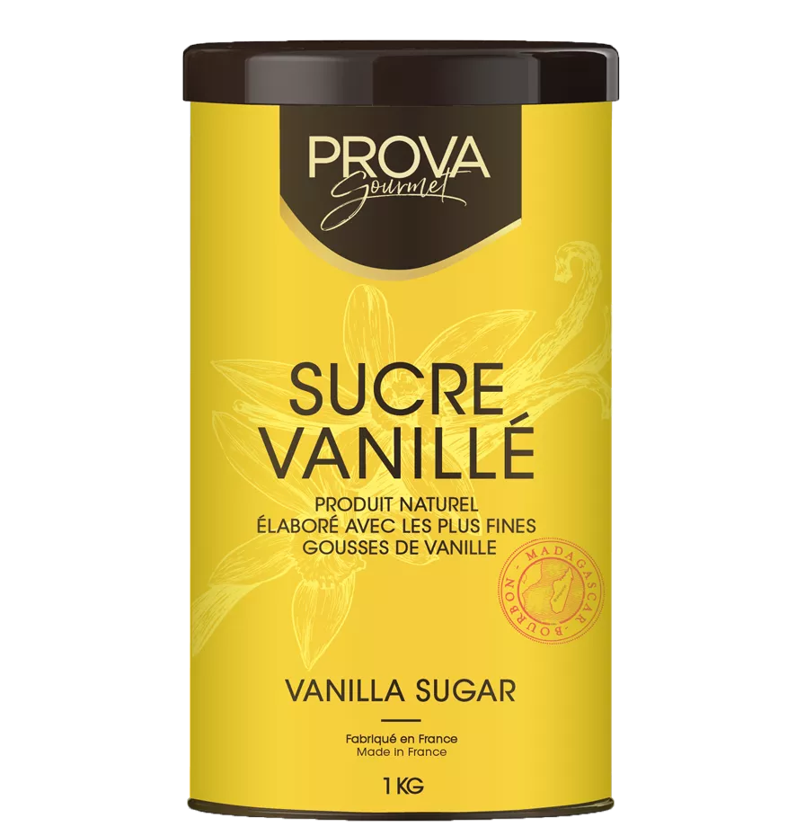 Yellow canister of Prova Vanilla Sugar on a white background
