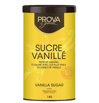 Yellow canister of Prova Vanilla Sugar on a white background