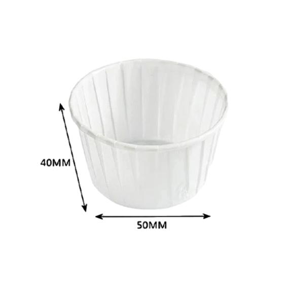 A white paper cupcake liner baking cup measuring 50mm in diameter and 40mm in height. The cup has vertical ridges and is shown from an angle to illustrate its shape and size.