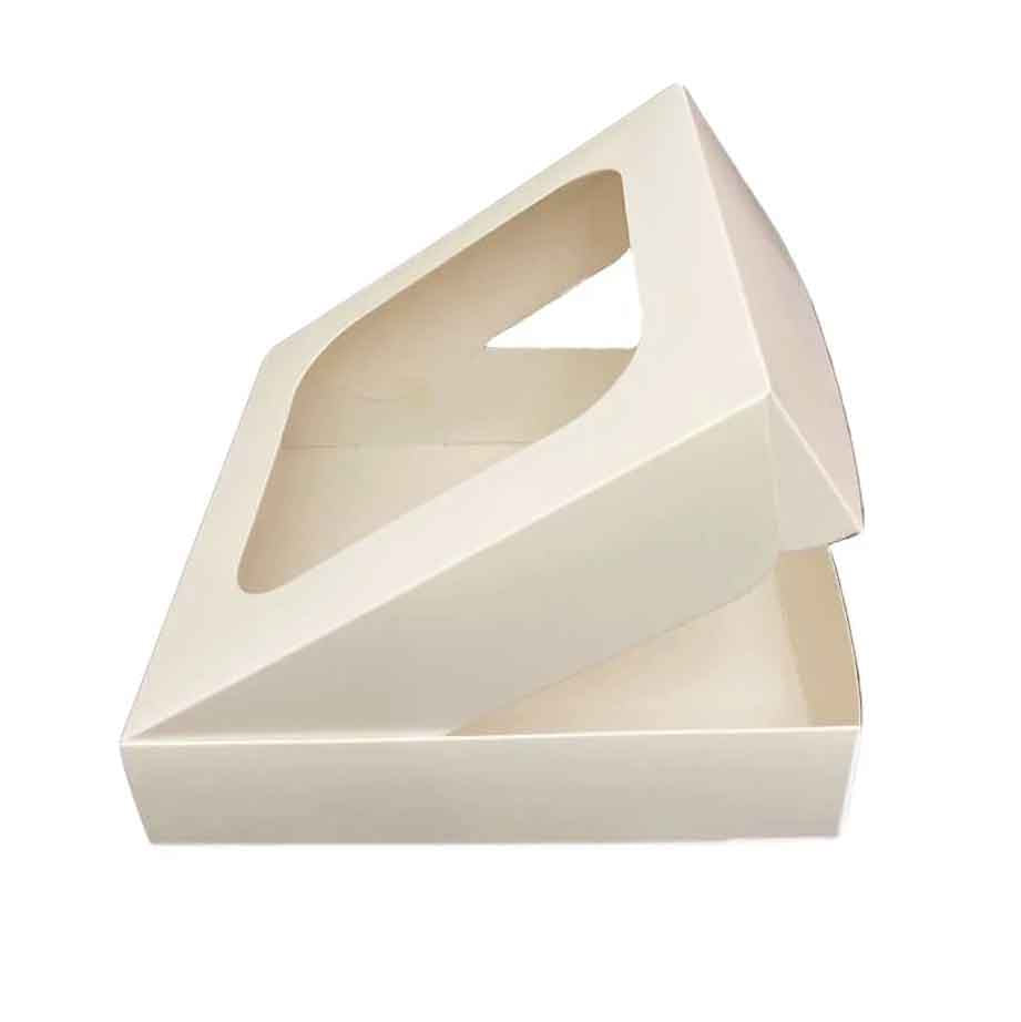 A cream-colored pastry box, square in shape, with dimensions 10x10 inches and a height of 2.5 inches. The box features a transparent window on the top, allowing a peek inside, and is partially opened to show its interior.