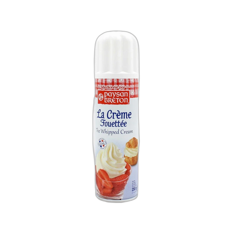 Can of Paysan Breton whipped cream on a white background