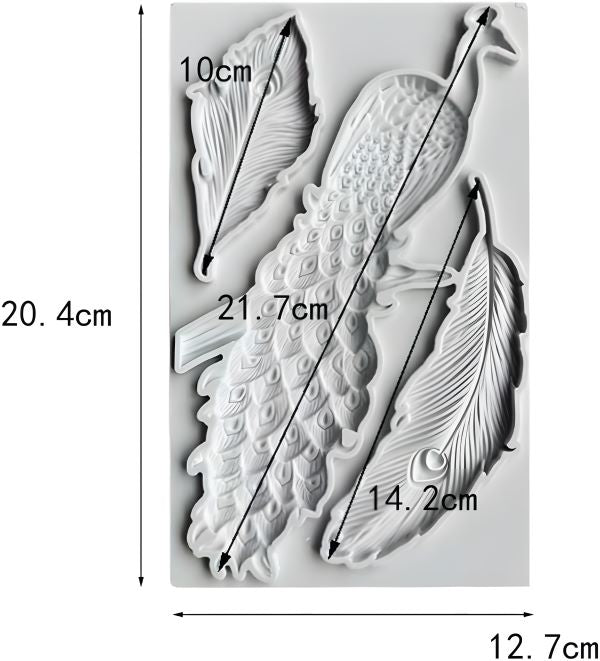 A white silicone mold featuring a peacock and two feather shapes. The mold measures 20.4 cm in height and 12.7 cm in width. The peacock is detailed with decorative patterns, and the feathers vary in size and design. The dimensions of the mold sections are marked, including 21.7 cm for the peacock and 10 cm and 14.2 cm for the feathers.