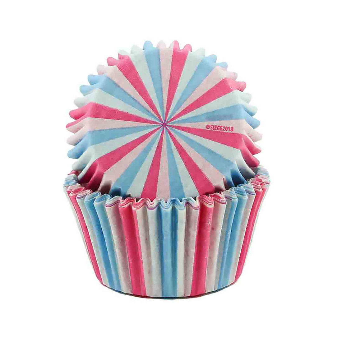 A stack of two cupcake liners, the lower one featuring vertical stripes in pink and blue, and the upper one showing a swirl design with alternating pink and blue sections. The liners are pleated and designed for baking cupcakes.