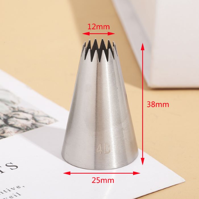 An image of a stainless steel piping nozzle labeled &quot;4B&quot; is shown. The nozzle has a conical shape with a serrated opening at the top, measuring 12mm in diameter, and has a height of 38mm and a base diameter of 25mm. The nozzle is placed on a surface that appears to be light-colored paper with text and a subtle illustration in the background.