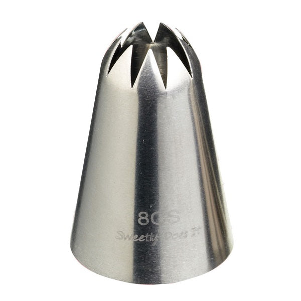 A stainless steel piping nozzle with a conical shape and a star-shaped opening at the top. The nozzle is labeled &quot;8CS&quot; and has a smooth, shiny surface. The design allows for intricate decorative piping of frosting and other soft materials.