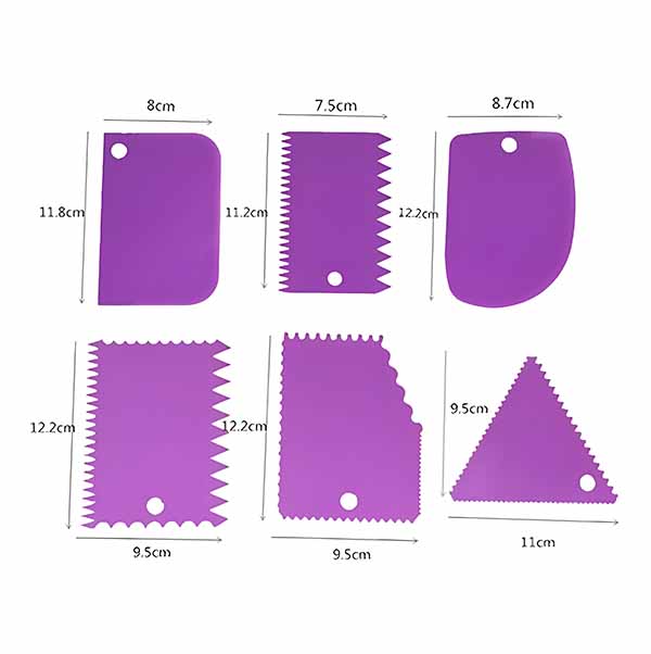 A set of six plastic scrapers in different shapes and sizes, all in purple. The scrapers include a rectangular scraper, a serrated edge scraper, a slightly curved scraper, and a triangular scraper, each with varying lengths labeled in centimeters. The scrapers feature holes for easy handling.