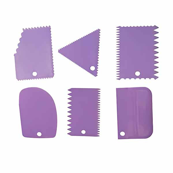 A set of six plastic scrapers in various shapes and sizes, all in a light purple color. The shapes include a zigzag-edged scraper, a triangular scraper, a rectangular scraper with both straight and serrated edges, a round-edged scraper, and two additional scrapers, one with a serrated edge. Each scraper has a small hole at one end for easy handling or hanging.