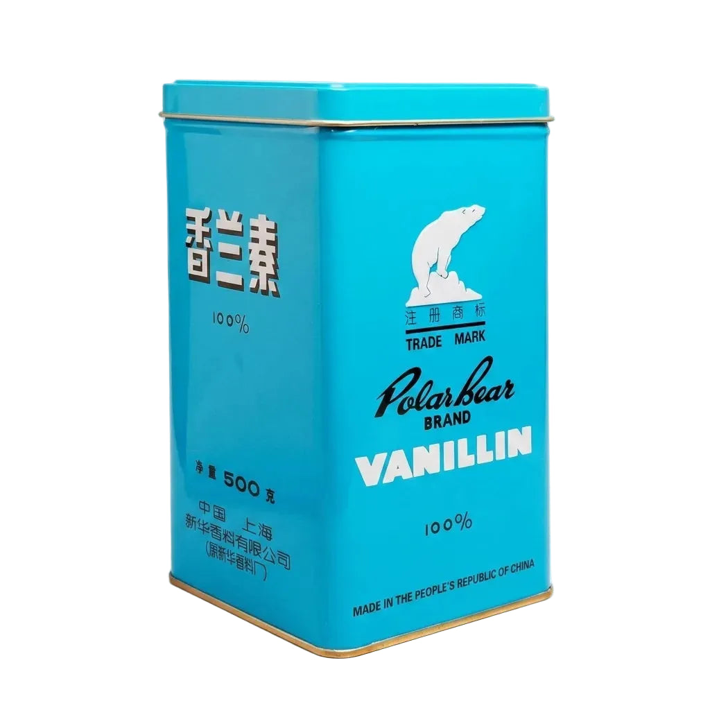 A bright blue rectangular metal tin of Polar Bear Brand Vanillin, featuring white text and a polar bear logo, set against a plain white background.