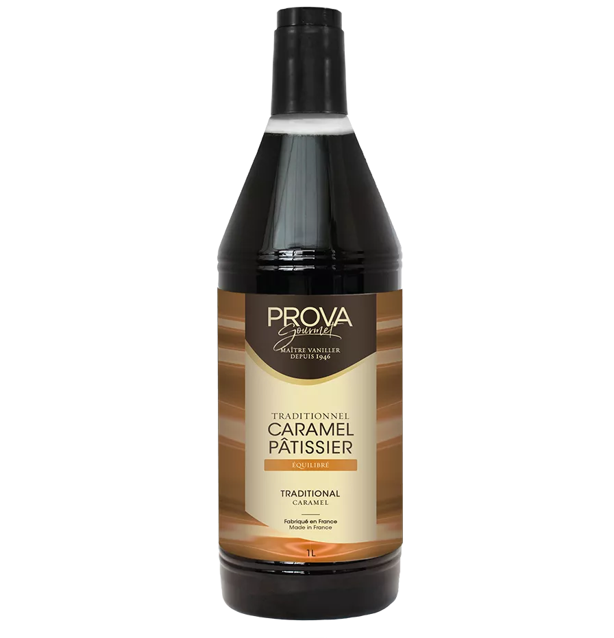 Bottle of Prova caramel syrup on a white background