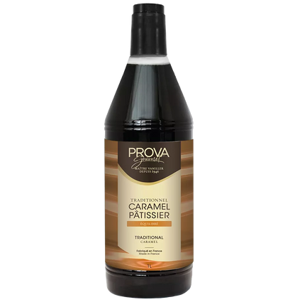 Bottle of Prova caramel syrup on a white background