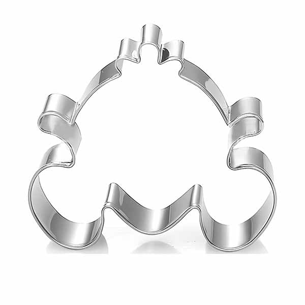 A stainless steel pumpkin carriage cookie cutter, shaped like a carriage with curved edges and a rounded top, showcasing its intricate design.