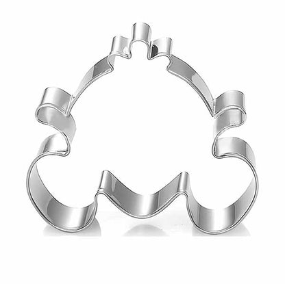 A stainless steel pumpkin carriage cookie cutter, shaped like a carriage with curved edges and a rounded top, showcasing its intricate design.